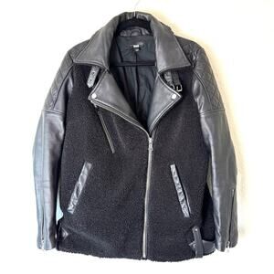 Slate & Willow Black Genuine Leather & Sherpa Moto Jacket Size Large